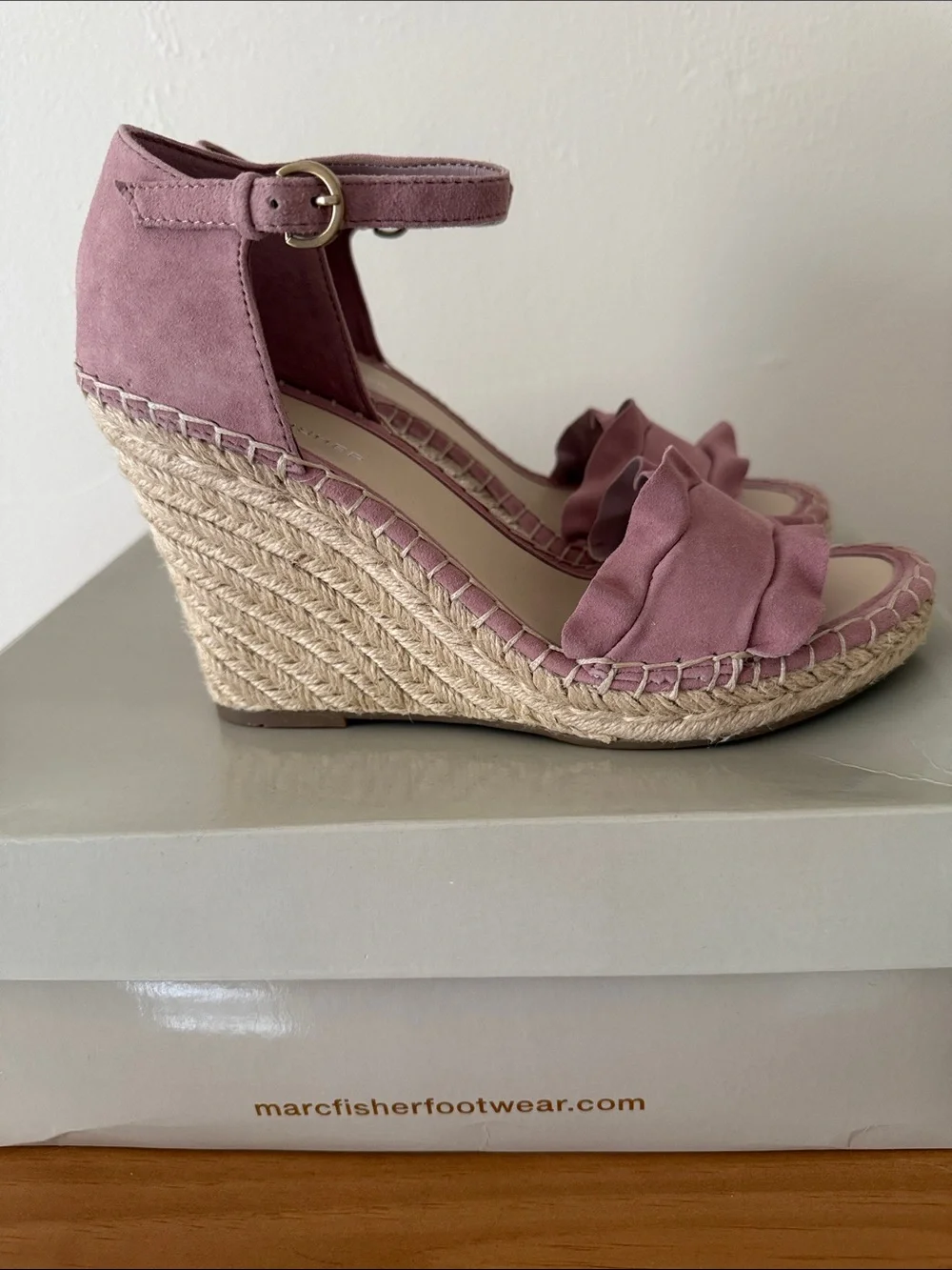 Marc Fisher Pink Suede Ruffle Espadrille Wedge Sandals